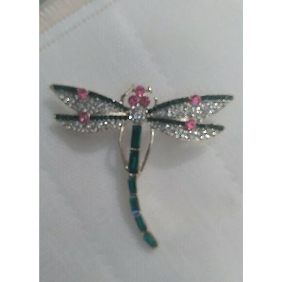Oversized Dragonfly Brooch Pin Golden Tone Green Enamel Scarf Clip - Picture 4 of 5